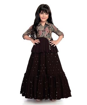 Betty By Tiny Kingdom Georgette Three Fourth Sleeves Pearl Detailed Floral Embroidered Gown - Wine