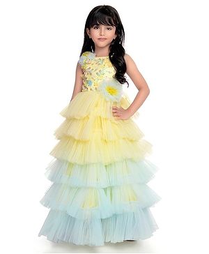 Betty By Tiny Kingdom Sleeveless Sequins Embellished & Floral Applique Detailed Net Gown - Yellow