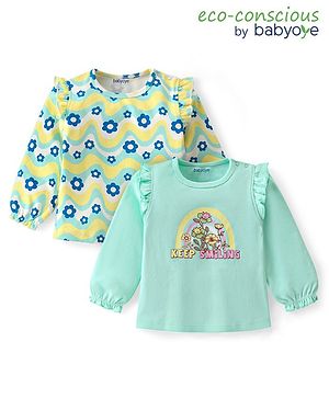 Babyoye 100% Cotton Knit Full Sleeves Tops With Floral & Text Print Pack of 2 - Multicolour