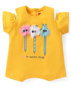 Babyhug Cotton Knit Half Sleeves Top With Fur Applique & Text Print - Orange