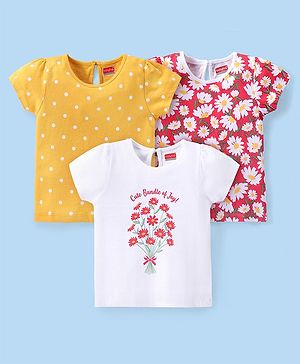 Babyhug Cotton Knit Half Sleeves T-Shirts with Floral & Polka Dots Print Pack of 3 - Multicolor