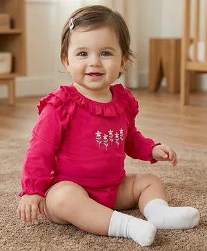 Babyoye Cotton Knit Full Sleeves
                              Floral Embroidered Onesie with Frill
                              Detailing - Dark Pink