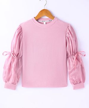 Kookie Kids Full Puff Sleeves Top with Bow Detailing - Pink