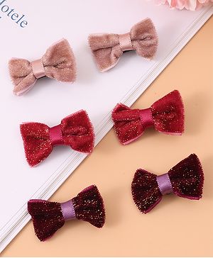 Pine Kids Free Size Glittery Bow & Butterfly Clips Pack of 6 - Red Beige & Purple