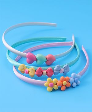 Babyhug Heart Flower & Bow Motifs Hair Bands Set of 3 - Green Pink & Beige