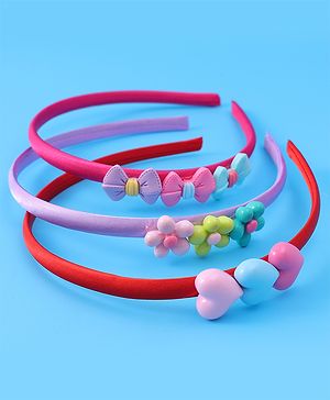 Babyhug Heart Flower & Bow Motifs Hair Bands Set of 3 - Fushia Purple & Pink