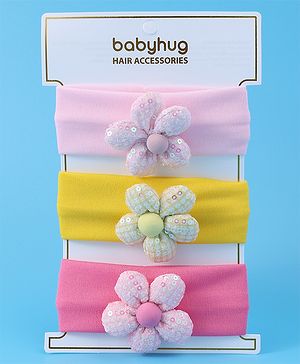 Babyhug Free Size Headbands With Floral Applique Pack of 3 - Pink & Yellow