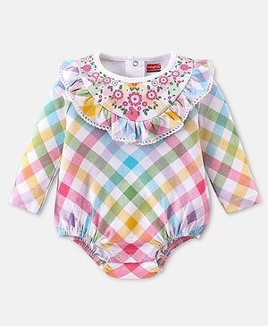 Babyhug 100% Cotton Interlock Knit Full Sleeves  Checked Onesies With Frill & Floral Print - Multicolour