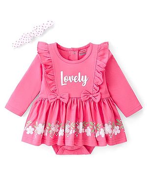 Babyhug 100 % Cotton Knit Full Sleeves Frock Style Onesie with Headband Bow Applique & Floral Print - Pink