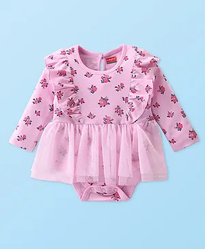 Babyhug 100% Cotton Knit Full Sleeves
                              Frock Style Onesie with Frill Detailing
                              & Floral Print - Pink