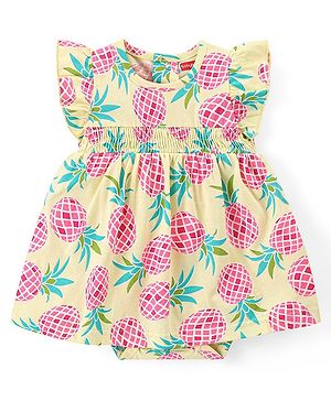 Babyhug 100% Cotton Knit Half Sleeves Pineapple Printed Frock Style Onesie - Pink