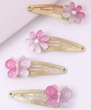 Pine Kids Snap Clips Purple with Floral & Butterfly Applique Free Size Pack of 4 - Purple
