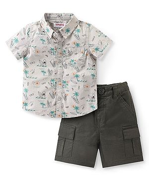 Babyhug Cotton Woven Half Sleeves  Shirt & Shorts Set With Beach Print - White & Green