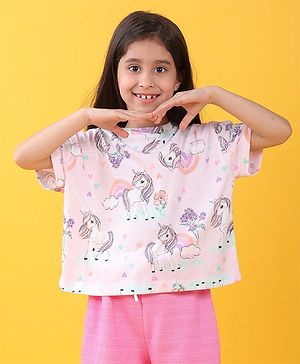 Anthrilo Half Sleeves Unicorn & Heart Printed Top - Pink