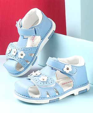 Cute Walk by Babyhug Slip On Sandals with Floral Appliques & Velcro Closure - Blue