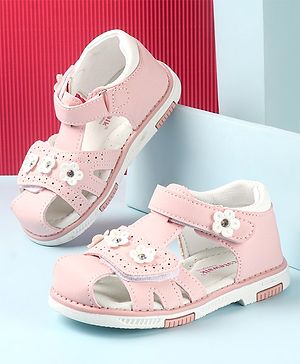 Cute Walk by Babyhug Slip On Sandals with Floral Appliques & Velcro Closure - Pink