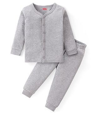 Babyhug Full Sleeves Solid Colour Front Open Thermal Vest & Pant Set - Grey
