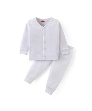 Babyhug Cotton Knit Full Sleeves Solid Colour Front Open Thermal Vest & Pant Set - Off White