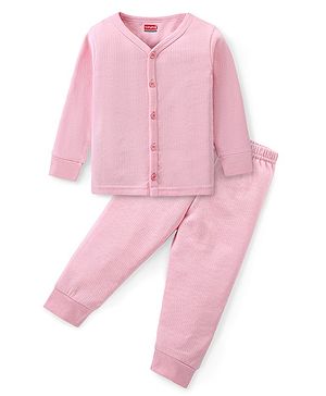 Babyhug Full Sleeves Front Open Solid Thermal Vest & Pant - Pink