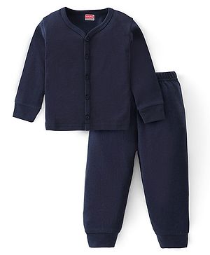 Babyhug Full Sleeves Front Open & Solid Colour Thermal Vest and Pant Set - Navy Blue