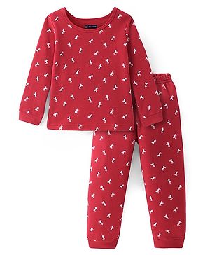 Pine Kids Knit Full Sleeves Horse Printed Thermal Vest  & Pant Set - Red