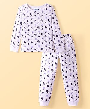 Pine Kids Cotton Blend Knit Full Sleeves Floral  Print Thermal Vest & Pant Set - Off White