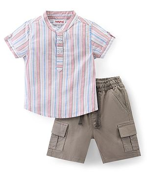 Babyhug Cotton Woven Half Sleeves Striped Mandarin Collar Shirt & Shorts Set - Multicolor
