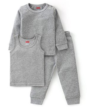 Babyhug Full Sleeves Solid Thermal Vests & Pant Set -Light Grey