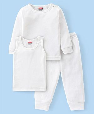 Babyhug Full Sleeves Solid Thermal Vests & Pant Set - Offwhite