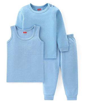 Babyhug Full Sleeves Solid Thermal Vests & Pant Set -Blue
