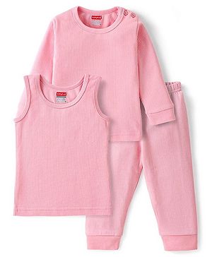 Babyhug Full Sleeves Solid Thermal Vests & Pant Set - Pink