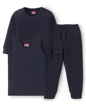 Babyhug Full Sleeves Solid Thermal Vests & Pant Set -Dark Navy Blue