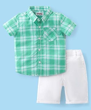 Babyhug Cotton Woven Half Sleeves Checked Shirt & Shorts Set - White & Green