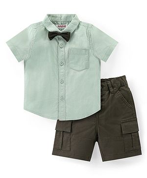 Babyhug Cotton Woven Half Sleeves Regular Collar Shirt & Shorts Set With Bow - Sky Blue