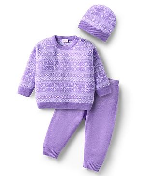 Babyhug Knit Full Sleeves Sweater Set with Cap Aztec Design - Lilac