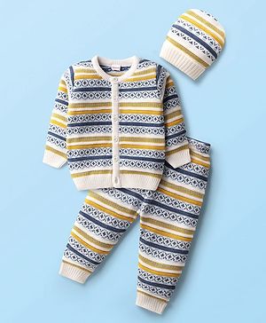 Babyhug Knit Full Sleeves Co-ords Striped Front Open Sweater Set with Cap - Multicolor