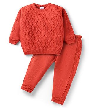 Babyhug Knit Full Sleeves Sweater Set with Cable Knit Design - Orange