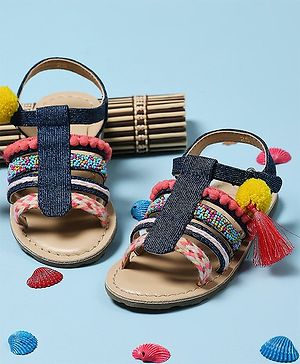 Aria+Nica Textured & Pom Pom Detailed Sandals - Navy & Multi Colour