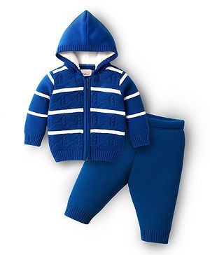 Babyhug Knit Full Sleeves Hooded Sweater Set With Stripes - Blue