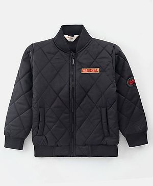 Primo Gino Woven Full Sleeves Bomber Soild Puffer Jacket With Badge - Black