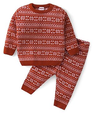 Babyhug Knitted Full Sleeves Intarsia Designed Pullover Sweater Set - Red