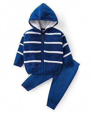 Babyhug Knit Full Sleeves Hooded Striped Sweater Set - Navy Blue