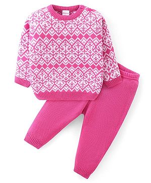 Babyhug Knitted Full Sleeves Sweater Set With Colour Aztec Design - Pink