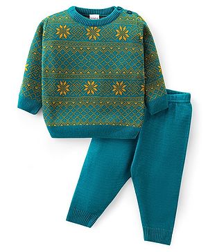 Babyhug Knitted Full Sleeves Pullover   Sweater Set with Intarsia Design - Teal Blue
