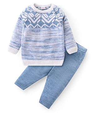 Babyhug Knit Full Sleeves Pullover Sweater Set with Cable Knit Design - Blue