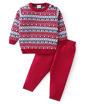 Babyhug Knitted Full Sleeves Sweater Set with Heart Design - Multicolour