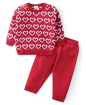 Babyhug Knitted Full Sleeves Sweater Set with Heart Design - Red