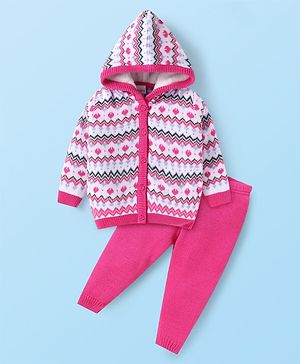 Babyhug Knit Full Sleeves Designed Sweater Set - Dark Pink