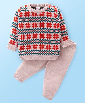 Babyhug Knitted Full Sleeves Sweater Set With Floral Design - Green & Grey