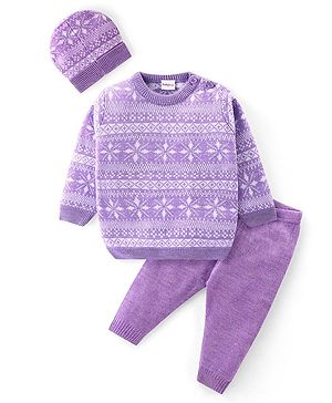 Babyhug Knitted Raglan Sleeves Sweater Set with Cap & Aztec Design - Lilac